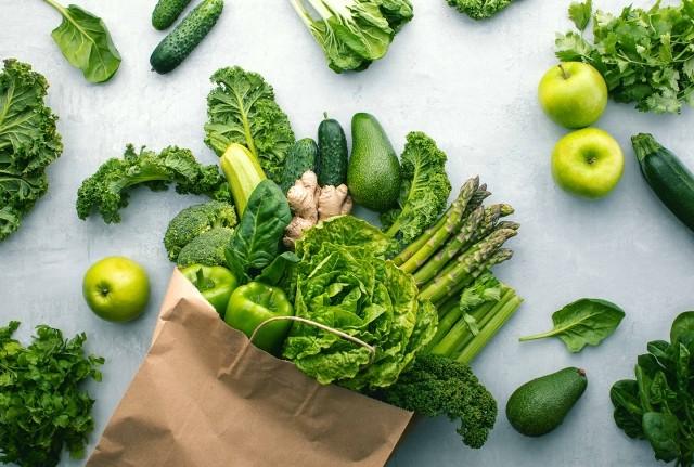 Fresh groceries in a kraft paper bag